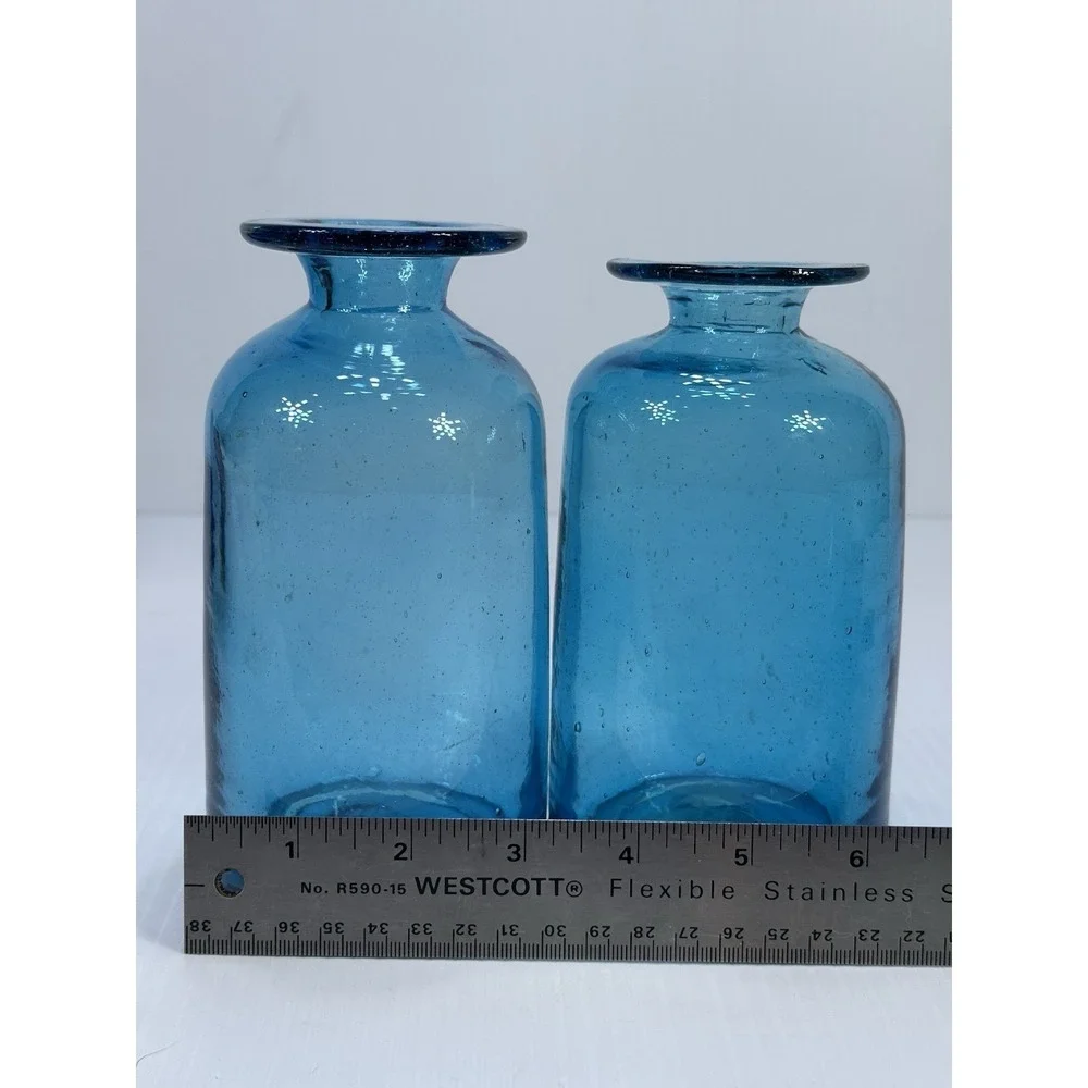Vintage Hand Blown Blue Glass Vase Made In Mexico Bubbles In The Glass